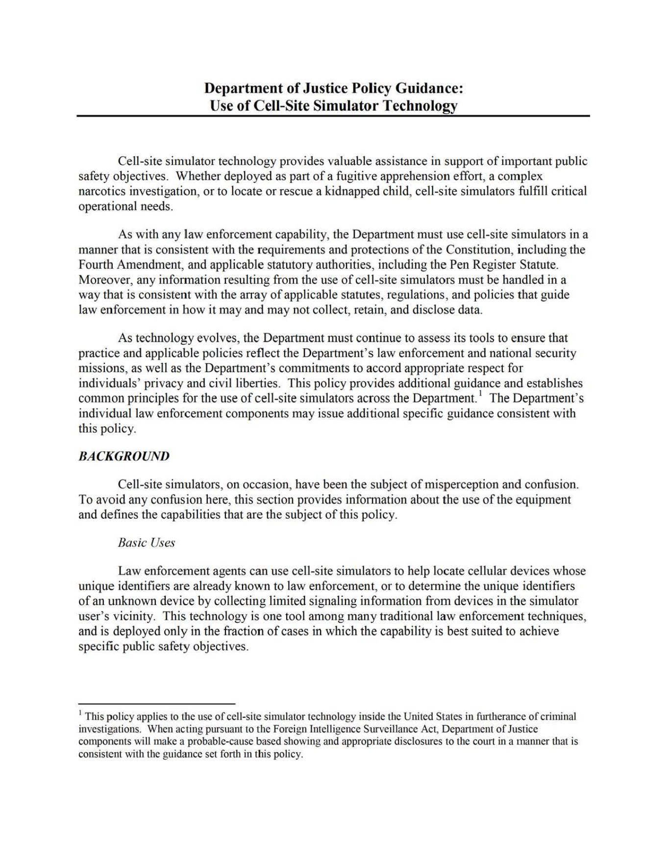 DOJ 2015 cell-site simulator policy cover page