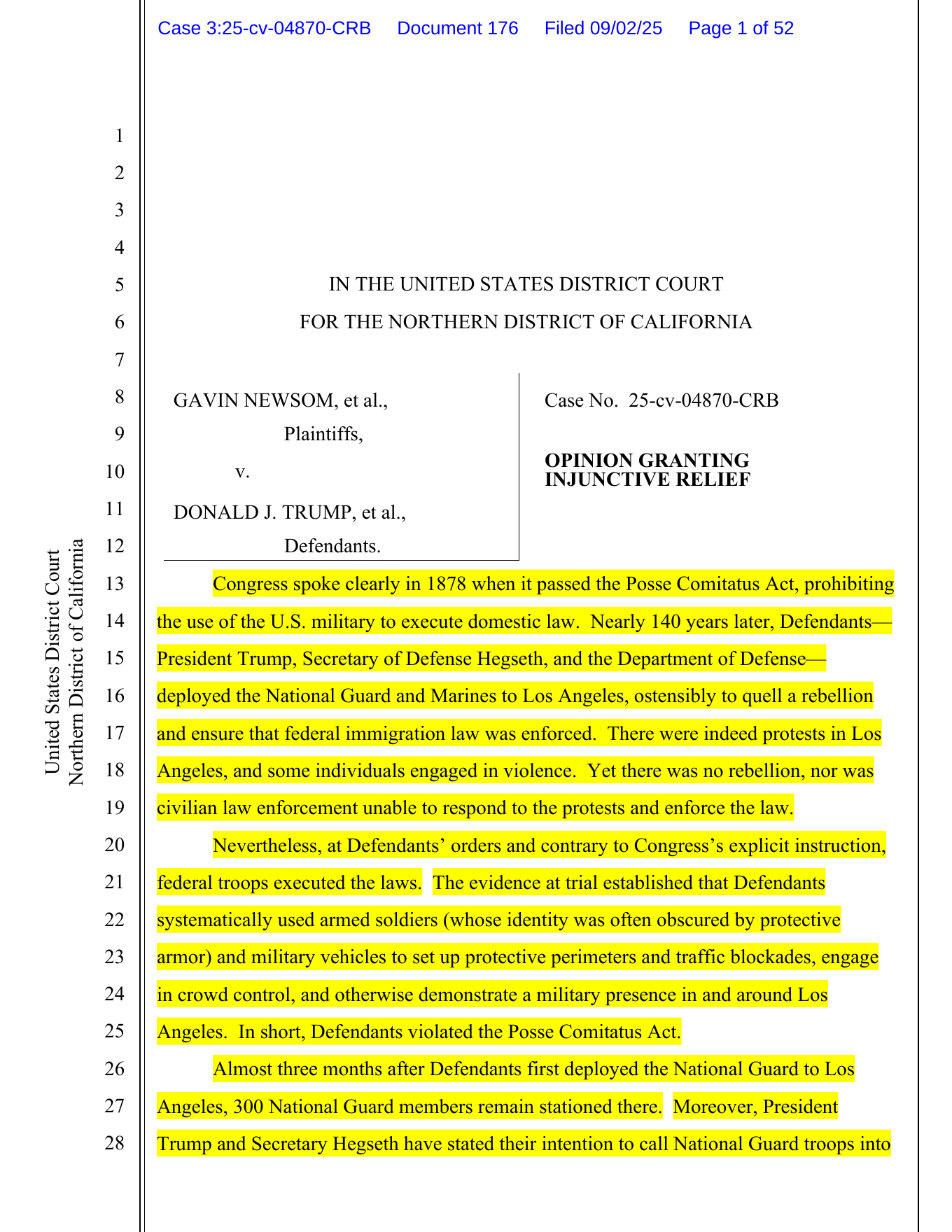 Newsom v. Trump September 2 2025 order granting injunctive relief