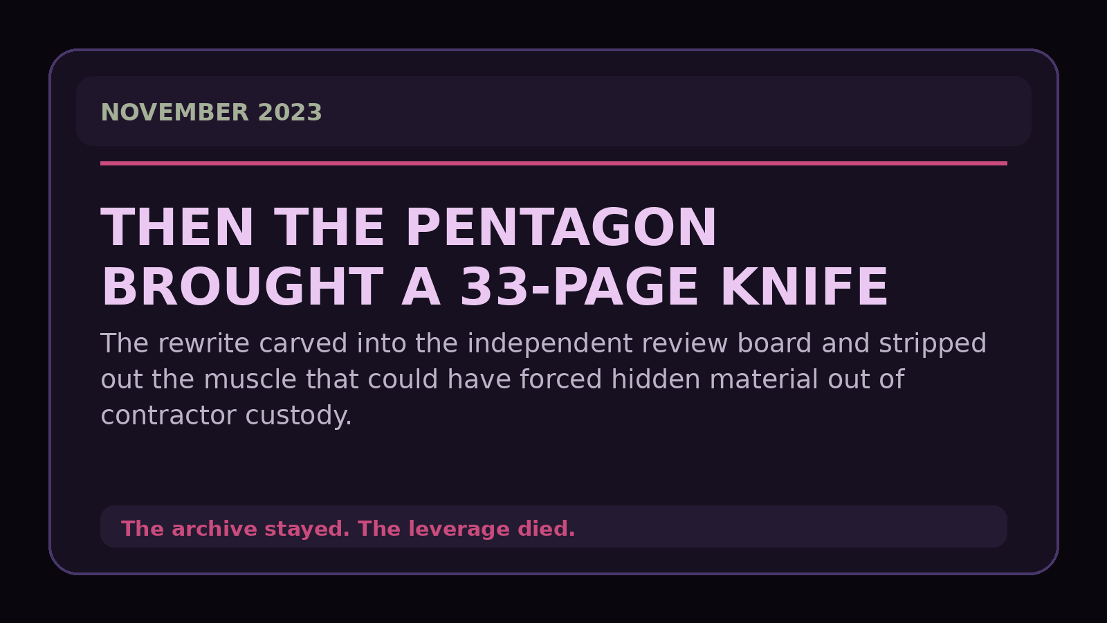 Graphic summarizing the 33-page Pentagon rewrite that gutted the UAP Disclosure Act review board and eminent-domain teeth