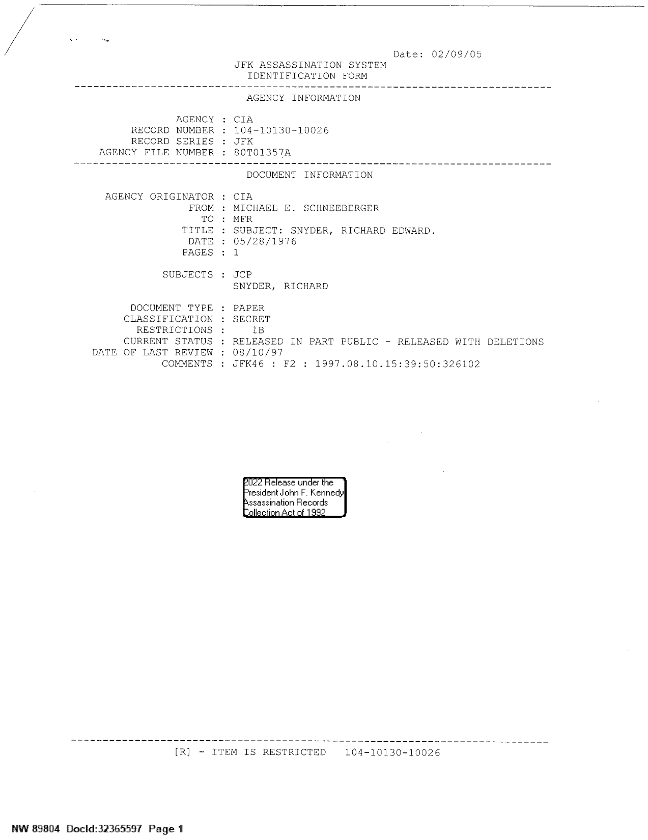 Declassified JFK record page from the 2025 release