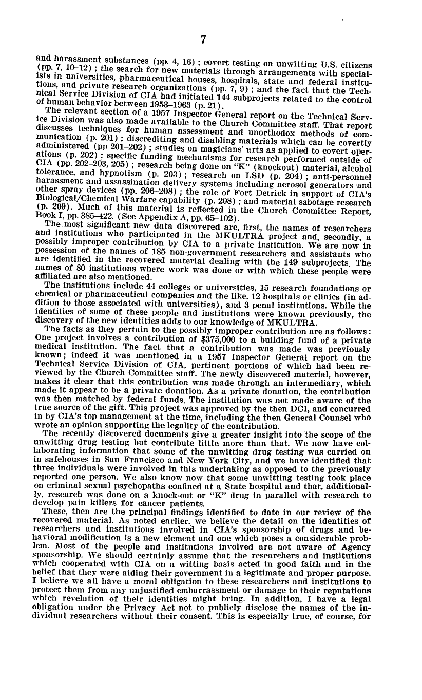 Senate transcript page describing 185 researchers and 80 institutions in recovered MKUltra material
