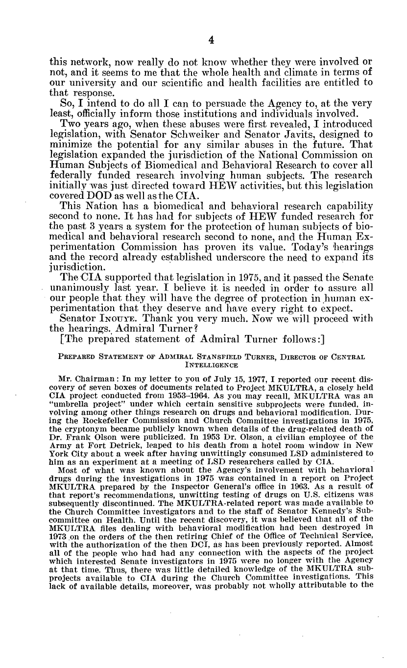 Senate transcript page with Stansfield Turner statement about seven boxes of Project MKUltra documents