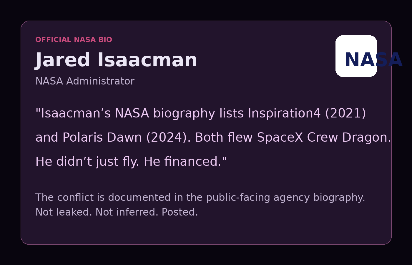 Graphic highlighting the official NASA biography references to Isaacman's SpaceX flights