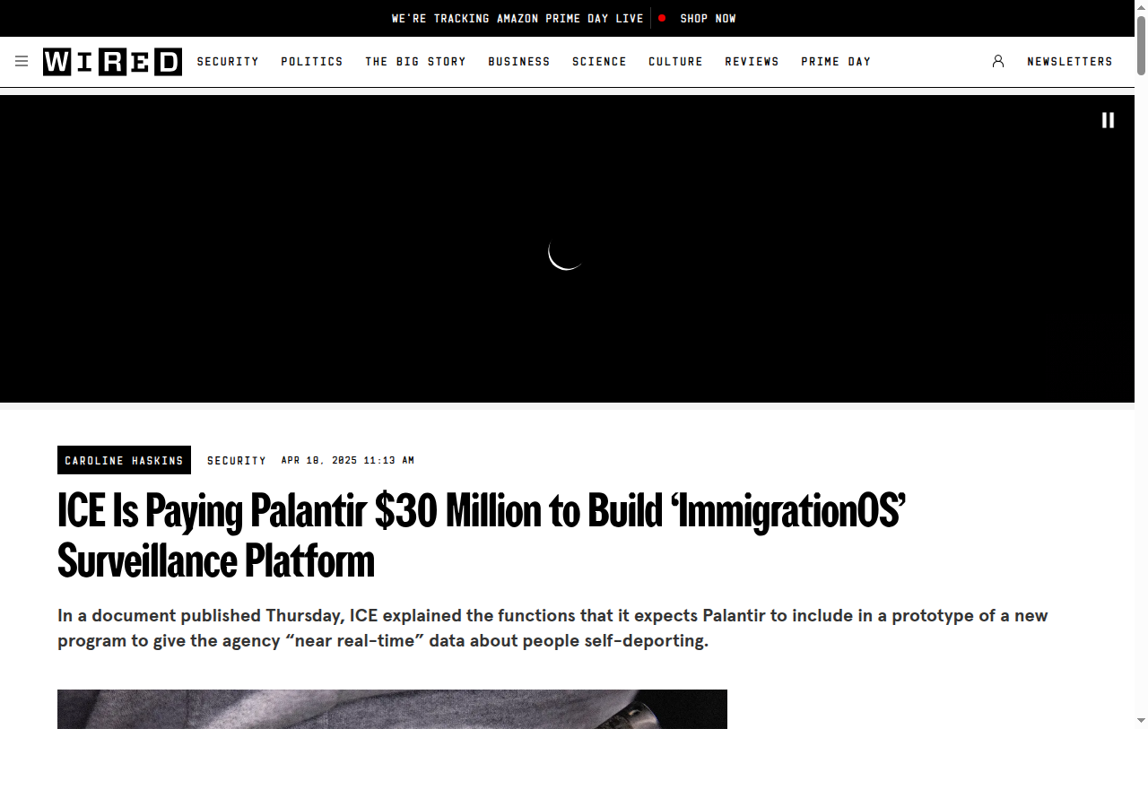 Screenshot of Wired report on ICE paying Palantir to build ImmigrationOS