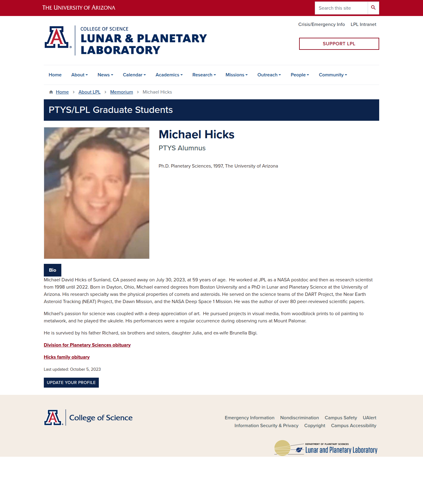 Memorial source page for JPL scientist Michael David Hicks