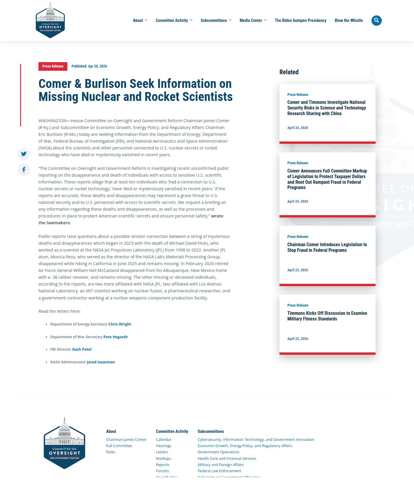 House Oversight release about missing nuclear and rocket scientists